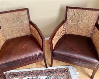 2 -  Crate & Barrel l caned armchairs with leather cushions