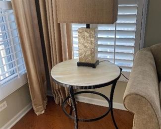 marble top/metal end table; Mother of Pearl lamp