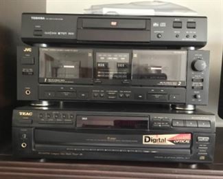 Stereo gear: Toshiba DVD player, JVC double cassette player, Teac 5-disc player