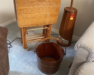 Antique butter urn, bucket and wood TV trays 