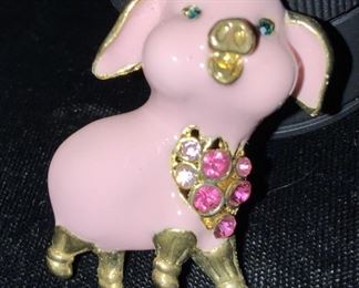 Vintage Pink Crystal Enamel Pig Jewelry
