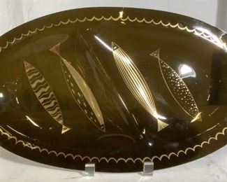 Signed Serving Glass Tray W Fish Detail
