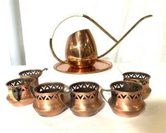 Lot 8 Vntg Collectible Israeli Copper Teapot/ Cups
