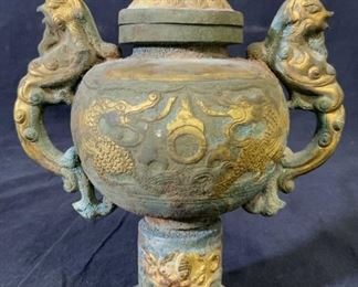 Antique two handled Lidded Brass Urn
