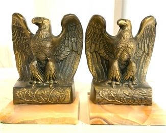 Pair Metal Eagle Bookends W Stones Bases
