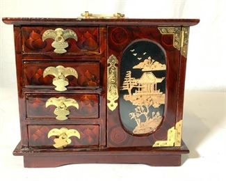 Chinese Lacquer Jewelry Box Brass Etched Handles
