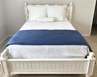 American Signature white distressed queen bed frame with available matching dresser.