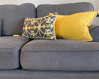 Vintage Baker traditional sofa newly reupholstered in charcoal grey ribbed fabric. Measures 84" long and 38" deep