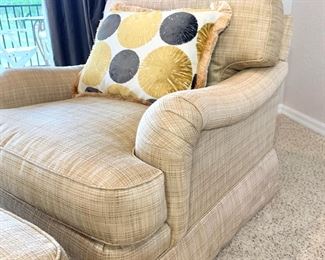 PAIR OF CHAIRS AVAILABLE.                                          Luxury E.J. Victor chair and ottoman upholstered in a pale gold textured fabric. The chair measures 37" x 40" x 36". The ottoman measures 34" x 24" x 17"