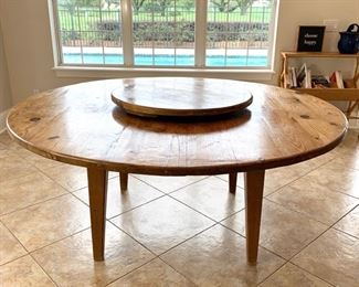 Round waxed pine custom table (with removable lazy-suzan) measures 72" in diameter. The natural patina of the table is beautiful, but it can easily re-waxed to achieve a deeper even color if preferred.