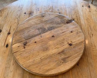 Round waxed pine custom table (with removable lazy-suzan) measures 72" in diameter. The natural patina of the table is beautiful, but it can easily re-waxed to achieve a deeper even color if preferred.