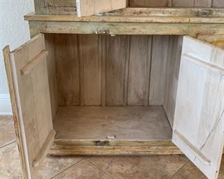 Hand painted distressed 2PC imported cabinet. Bottom piece measures 72" wide and 36.5" high. Top piece measures 69" wide and 51" high. Overall height measures 87.5"