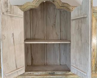 Hand painted distressed 2PC imported cabinet. Bottom piece measures 72" wide and 36.5" high. Top piece measures 69" wide and 51" high. Overall height measures 87.5"