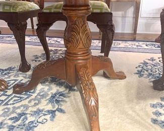 Vintage dining table with double pedestal base has 2 leaves and expands to 10'. The table measures 44" x 72" (no leaves) 96" (with 1 leaf) 120" (with 2 leaves)