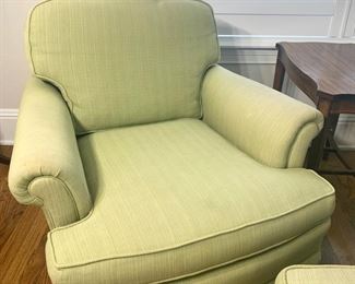 Pair of pale green arm chairs w/ottoman. Each chair measures 32" x 32" x 30". Ottoman shows wear.