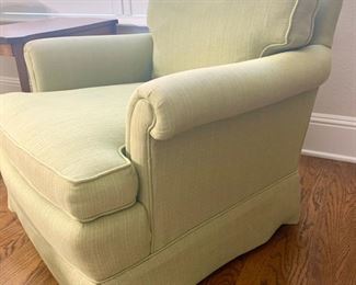 Pair of pale green arm chairs w/ottoman. Each chair measures 32" x 32" x 30". Ottoman shows wear.