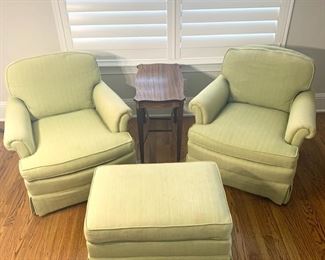Pair of pale green arm chairs w/ottoman. Each chair measures 32" x 32" x 30". Ottoman shows wear.