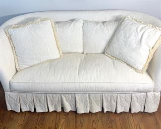 White damask sofa/loveseat  measures 75" long and 37" deep