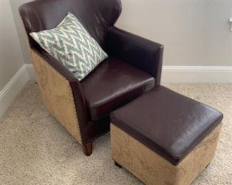 Map printed burlap and bonded leather chair and storage ottoman. Chair measures 29" x 29" 35" Storage ottoman measures 18" x 18" x 16"