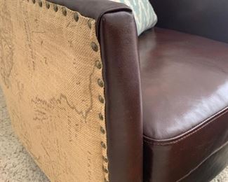 Map printed burlap and bonded leather chair and storage ottoman. Chair measures 29" x 29" 35" Storage ottoman measures 18" x 18" x 16"