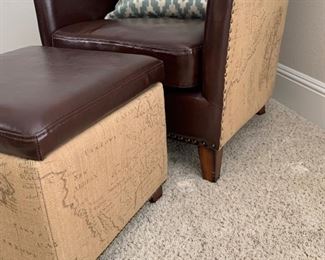 Map printed burlap and bonded leather chair and storage ottoman. Chair measures 29" x 29" 35" Storage ottoman measures 18" x 18" x 16"