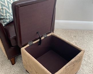 Map printed burlap and bonded leather chair and storage ottoman. Chair measures 29" x 29" 35" Storage ottoman measures 18" x 18" x 16"