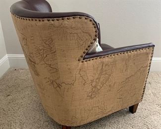 Map printed burlap and bonded leather chair and storage ottoman. Chair measures 29" x 29" 35" Storage ottoman measures 18" x 18" x 16"