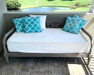 Indonesian rubberwood daybed with mattress for outdoor use measures 77" x 43" x 36"