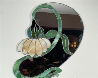 KIMBALL ART GLASS MIRROR | leaded stained glass in the form of a flower and vine set within mirrored panels; signed "E. Kimball 1977" 