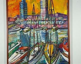 HARBORSCAPE OIL PAINTING | "Port Olimpic De Montjuich al Tibichala Barcelona"; 40-1/2 x 33 in. 