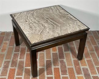 JOHN WIDDICOMB TRAVERTINE LOW TABLE | polished stone, with label on frame; h. 15-1/2 x 22 x 22 in. 