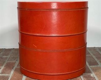 ORANGE LEATHER WRAPPED LOW TABLE | h. 14 x dia. 14 in. 