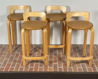 (4pc) MID CENTURY BENTWOOD STOOLS | blonde wood with tan seats; h. 28 x 15 x 15 in. - great small size! One with small losses to backrest 