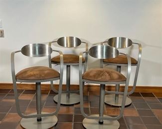 (4pc) MID CENTURY STEEL BARSTOOLS | very heavy, well made! Hydraulic pistons for adjustable height; h. 35 x 22 x 22 in. (lowest seat height) 