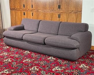 PREVIEW FURNITURE SOFA | upholstered in an aubergine and grey patterned wool; h. 29 x 86 x 37 in.; excellent condition 