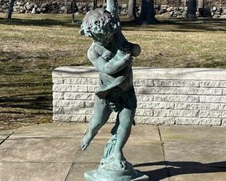 MOLDED COMPOSITION FOUNTAIN | showing a robed young boy clutching a fish, the fishes mouth with opening for fountain; h.44 x 15 x 19 in.; appears to be some sort of plastic 