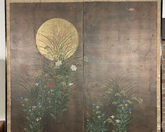 JAPANESE TWO PANEL SCREEN | painted rice paper with scene of flowers; h. 68 x 37 (each panel) 
