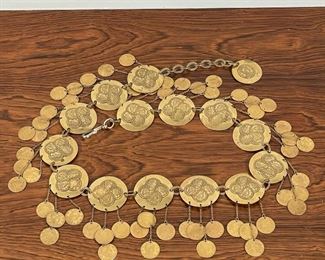 COSTUME JEWELRY BELT | coin design with pressed coins hanging from little chains; 30 in. 