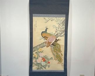 CHINESE SCROLL PAINTING | depicting peacocks upon a blossoming branch with chrysanthemums; 46 x 27-1/2 (sight), 70 x 37 in. (overall) 