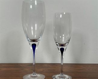 ORREFORS BLUE BLOWN GLASS STEMWARE | stunning design including 13 wine glasses (9 in.) and 12 champagne flutes (8 in.) 