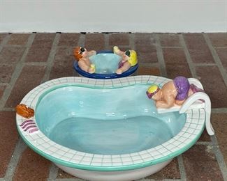SWIMMING POOL CHIPS & SALSA | "lotus" glazed porcelain, whimsical design with a swimming pool large bowl and a couple in a tub for the salsa! Appears unused but has a small chip to item on edge of pool 
