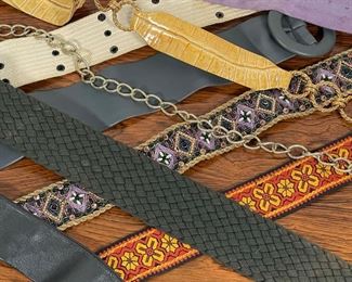 COLLECTION of BELTS | including a Saks Fifth Avenue leather / alligator link belt, a "Dynasty" beadwork belt with tags; plus fabric, leather, suede, etc. 