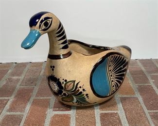 FANTASTIC GLAZED DUCK PLANTER | rough ceramic with applied colorfully patterned glaze; h. 12 x 19 x 8 in. (opening dia. 6-1/4 in.)
