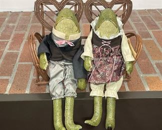 JUDY WACHLIN FROG DOLLS | hand made folk art frog figures seated on a bench with heart backrests; h. 11-1/2 x 15 x 6 in (bench) 