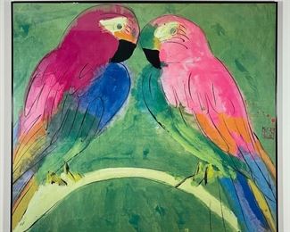 CHINESE PARROTS COLORFUL PRINT | with chop mark signature; 42-1/2 x 48 in. 