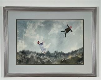 MIXED MEDIA ON PAPER | depicting a lady flying a man in a black suit as a kite, signed lower right; 23 x 30 in. 