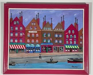 NORWEIGIAN TOWNSCAPE PAINTING | showing a waterfront row of buildings, signed "Mann" lower right; h. 19 x 22-1/2 in. 