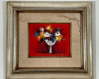 DRESSER STILL LIFE | still life oil painting on a vibrant red background, signed lower right; 18 x 20 in.; central vertical tear 5 in. 