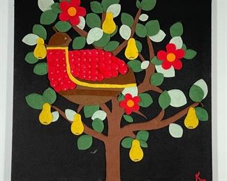 PARTRIDGE IN A PEAR TREE FELT | cut felt on a stretched black felt background; signed lower right; h. 30 x 30 in. 