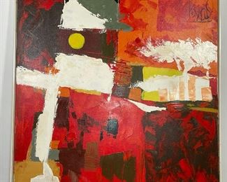 ABSTRACT OIL PAINTING | signed upper right, 41 x 41, canvas dented (with impression) but not torn